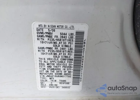 2009 Nissan Murano S z USA, uszkodzony, nr VIN JN8AZ18U69W017780